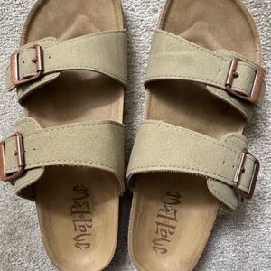 Double Strap Slide Sandals in Olive Green with Buckles Malibu brand.